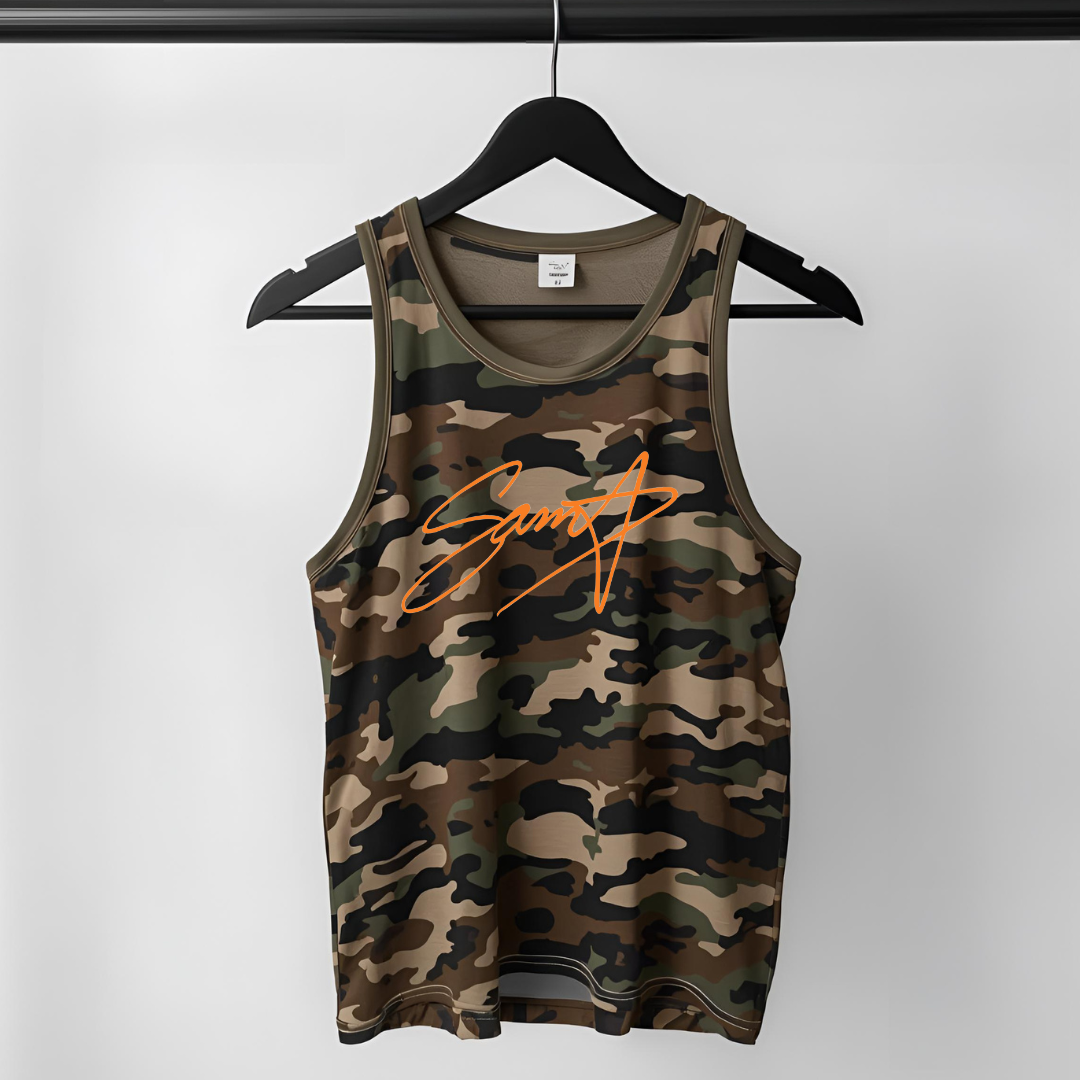 The Sam Star CAMO Tanktop with orange signature