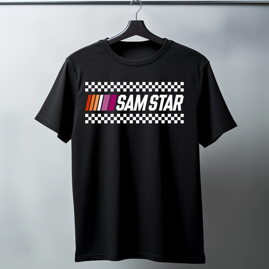 Sam Star Racing Lesbian Flag graphic T-shirt with racing stripes