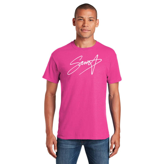 The OG Sam Star Tshirt Pink with white signature